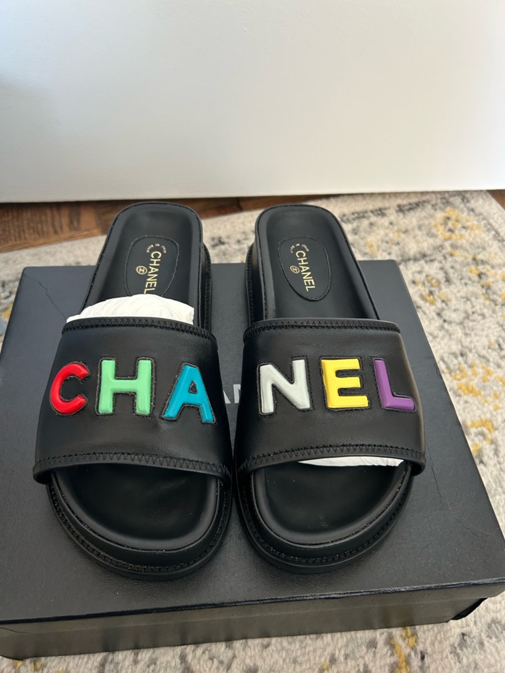 CHANEL Black Leather Slide Sandals with Multicolor Lettering - Picture 1 of 7